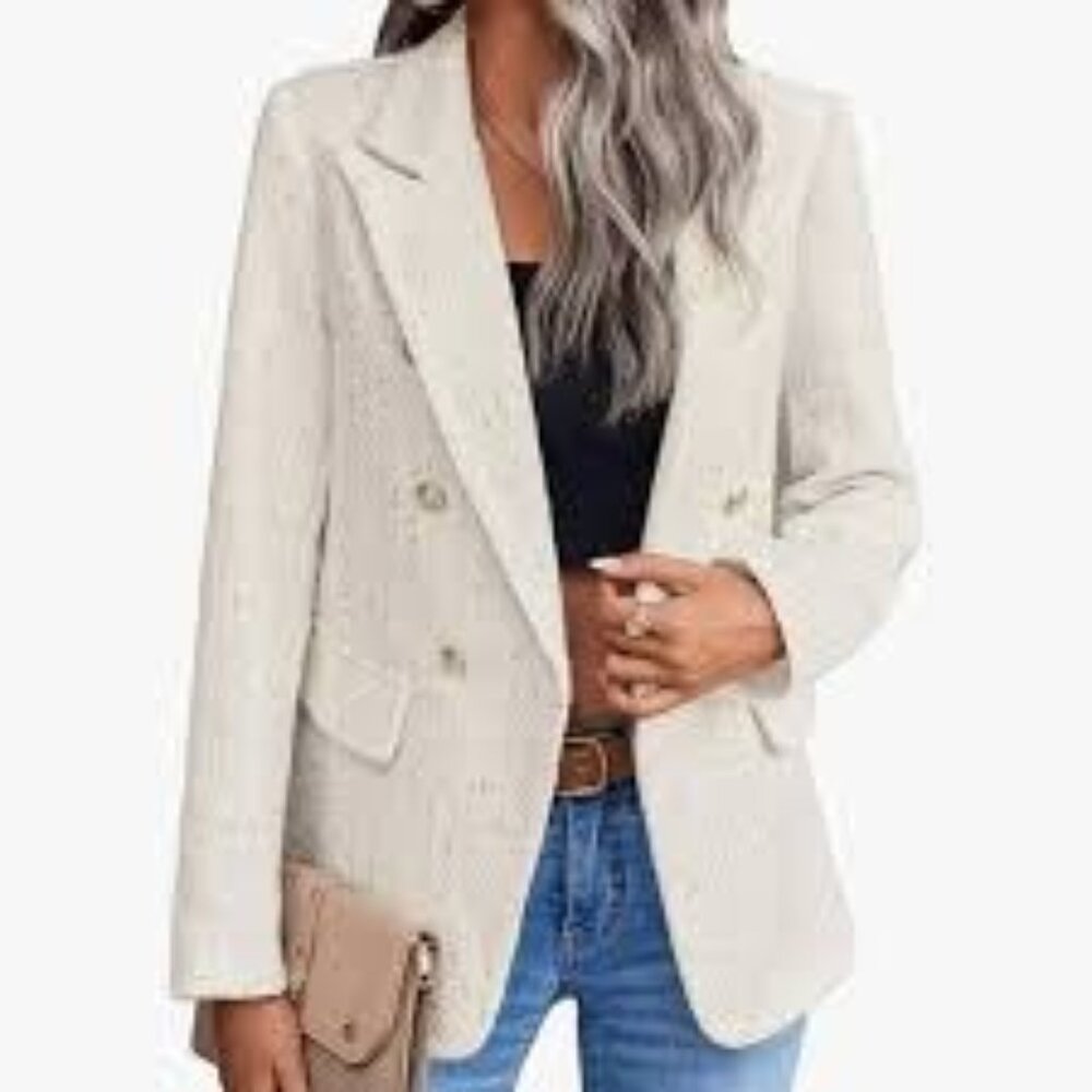 New Mina Self White & Gold Tweed Double-Breasted Blazer Size L RD10176